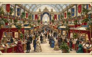 Imagined historical book-fair hall under a glass roof with stalls, banners and visitors; an illustration, not the reported event.