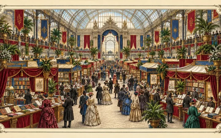 Imagined historical book-fair hall under a glass roof with stalls, banners and visitors; an illustration, not the reported event.