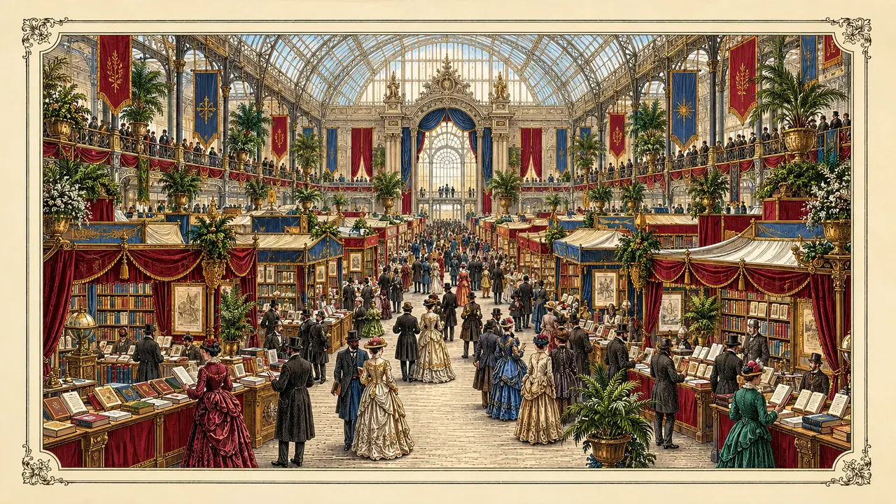 Imagined historical book-fair hall under a glass roof with stalls, banners and visitors; an illustration, not the reported event.