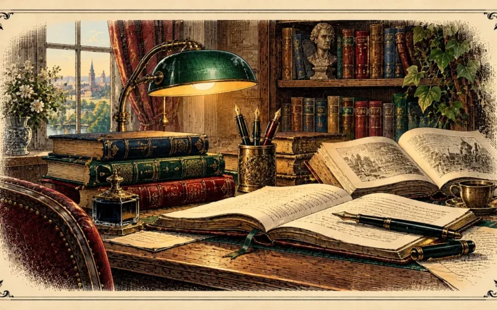 Engraved illustration of a writer’s study with books, a desk and warm window light.