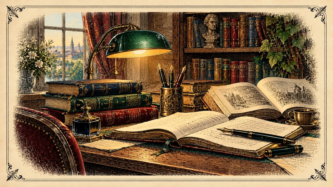 Engraved illustration of a writer’s study with books, a desk and warm window light.