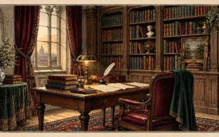 Engraved illustration of a library room with a study desk, shelves and warm light.