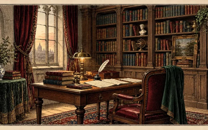 Engraved illustration of a library room with a study desk, shelves and warm light.