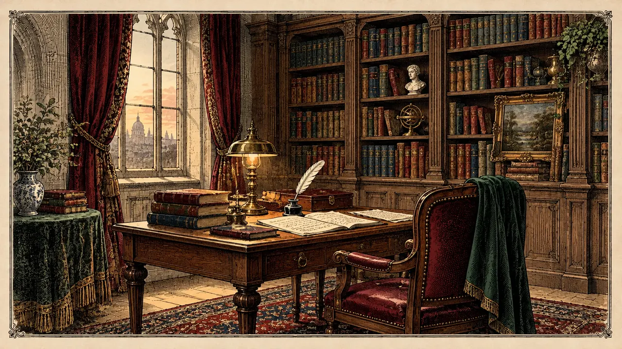 Engraved illustration of a library room with a study desk, shelves and warm light.
