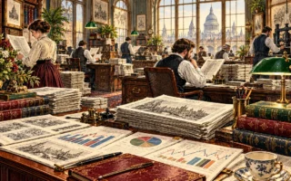 Engraved illustration of a Victorian newsroom with newspapers, charts and editorial analysis.