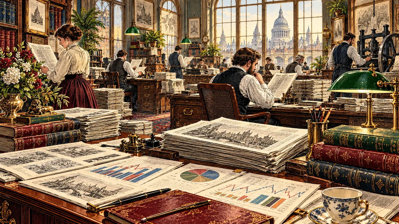 Engraved illustration of a Victorian newsroom with newspapers, charts and editorial analysis.