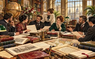 Engraved illustration of an international editorial meeting with manuscripts, maps and translation documents.
