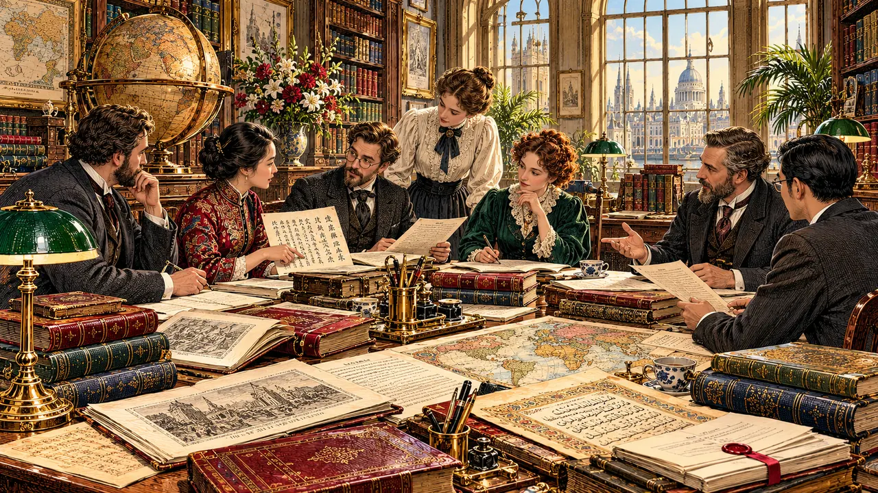 Engraved illustration of an international editorial meeting with manuscripts, maps and translation documents.