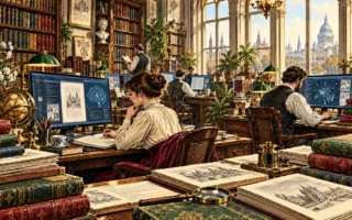 Editorial illustration of a library office where books and artificial intelligence research meet.