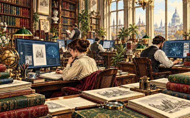 Editorial illustration of a library office where books and artificial intelligence research meet.