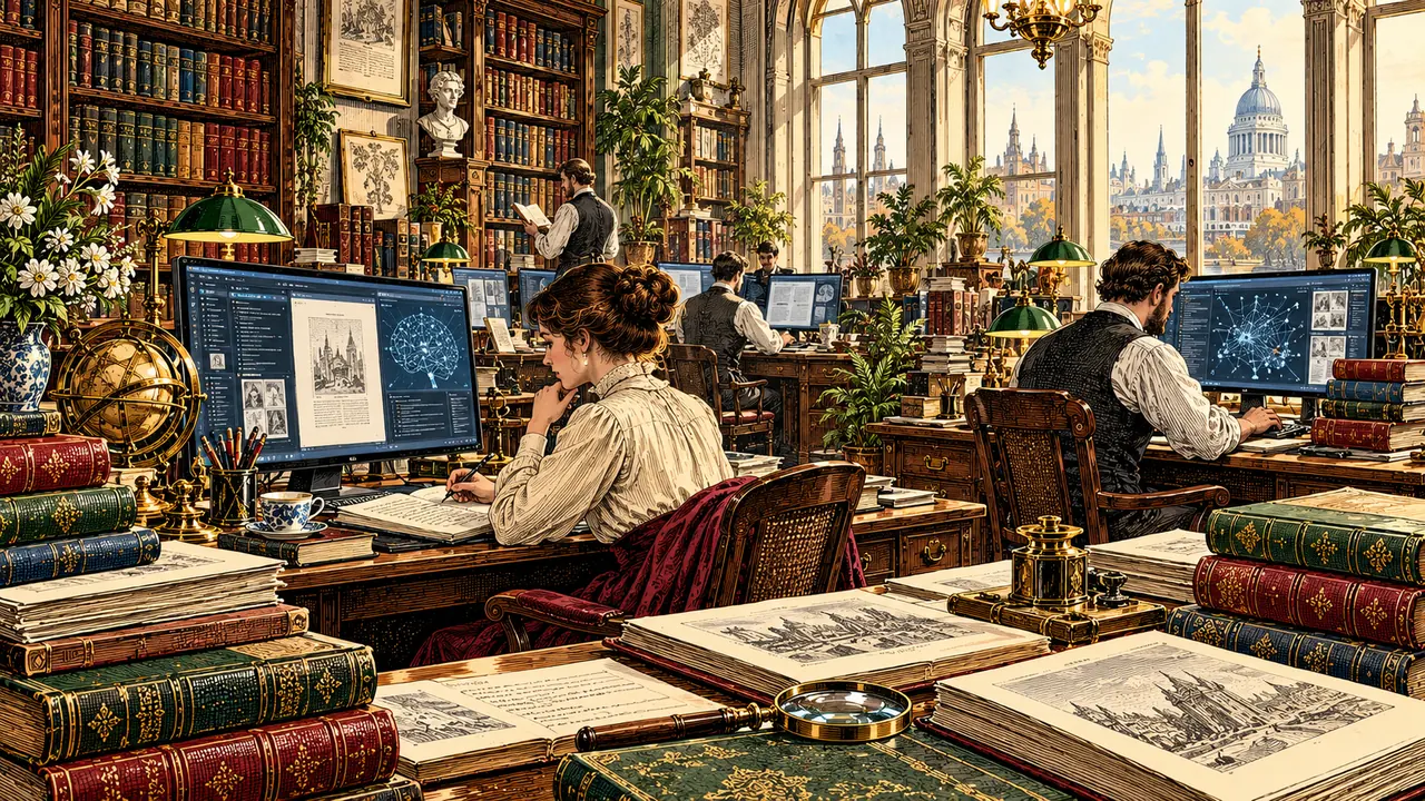 Editorial illustration of a library office where books and artificial intelligence research meet.