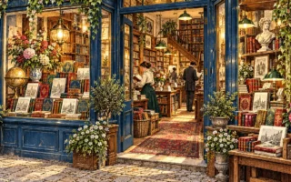 Engraved illustration of a richly stocked bookshop brightened by flowers and warm light.