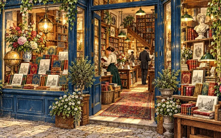 Engraved illustration of a richly stocked bookshop brightened by flowers and warm light.