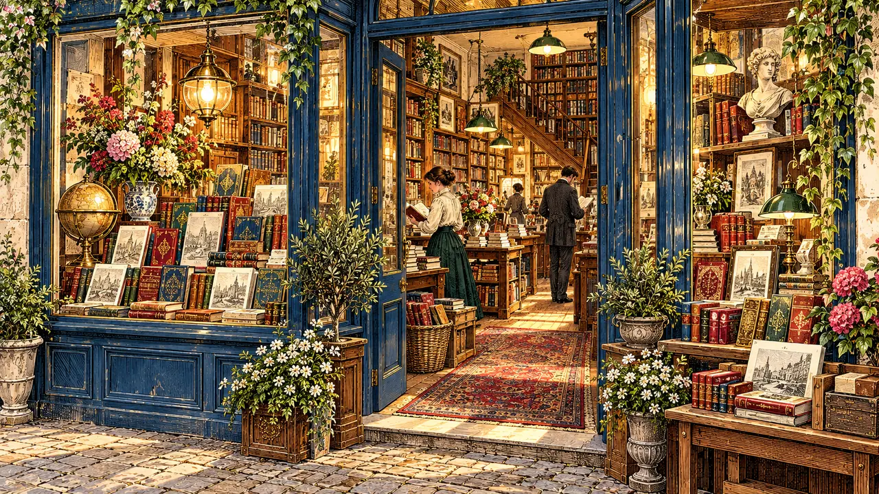 Engraved illustration of a richly stocked bookshop brightened by flowers and warm light.