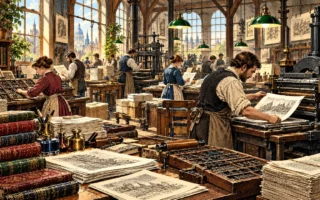 Engraved illustration of a Victorian printing workshop filled with presses, paper and sunlight.