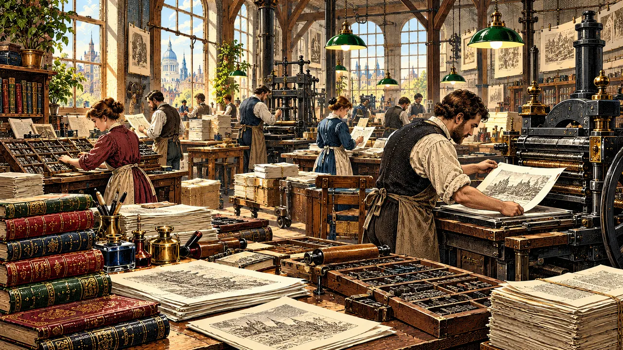 Engraved illustration of a Victorian printing workshop filled with presses, paper and sunlight.
