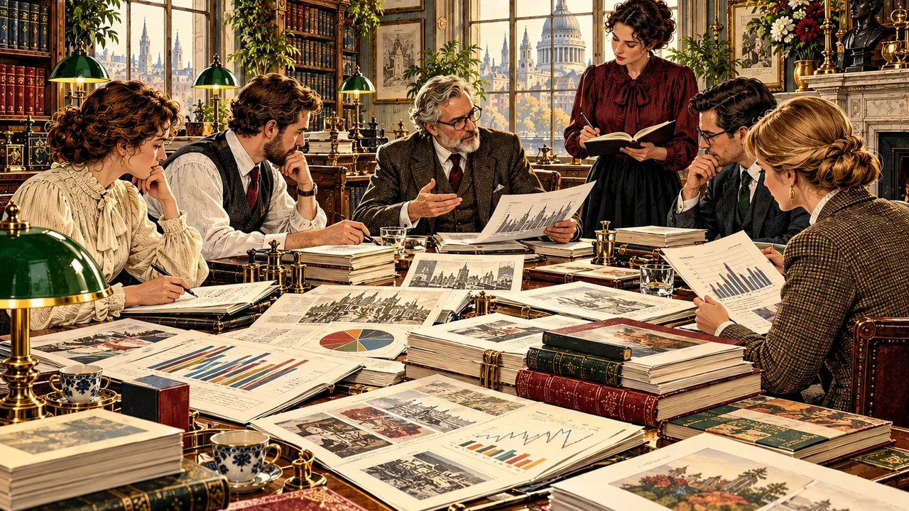 Editorial illustration of publishing professionals reviewing reports, books and market documents around a roundtable.