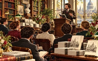 Editorial illustration of an author reading or book launch in a cultured bookshop or library before an audience.