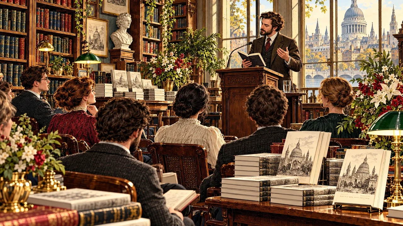 Editorial illustration of an author reading or book launch in a cultured bookshop or library before an audience.