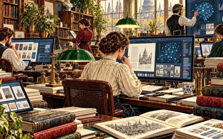 Editorial illustration of a publishing office using artificial intelligence, analytics and digital workflows alongside books and proofs.