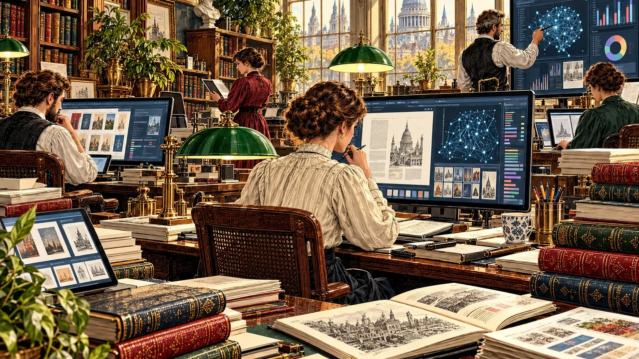 Editorial illustration of a publishing office using artificial intelligence, analytics and digital workflows alongside books and proofs.