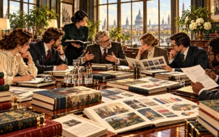 Editorial illustration of publishing executives and editors discussing strategy, titles and plans around a boardroom table.