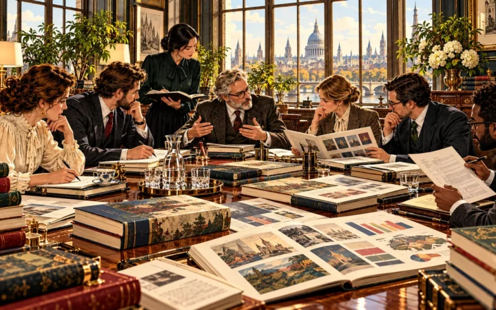 Editorial illustration of publishing executives and editors discussing strategy, titles and plans around a boardroom table.