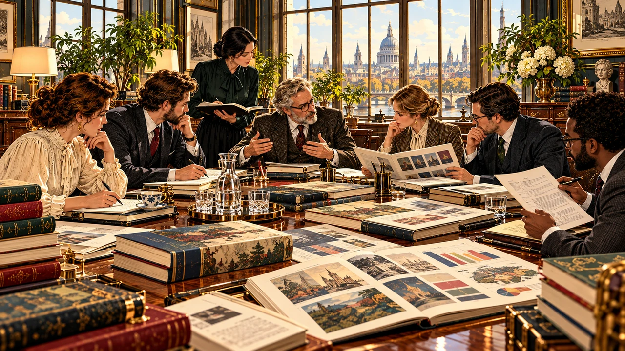 Editorial illustration of publishing executives and editors discussing strategy, titles and plans around a boardroom table.