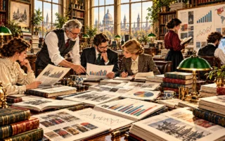 Editorial illustration of a publishing team studying market reports, sales charts, international data and book performance.
