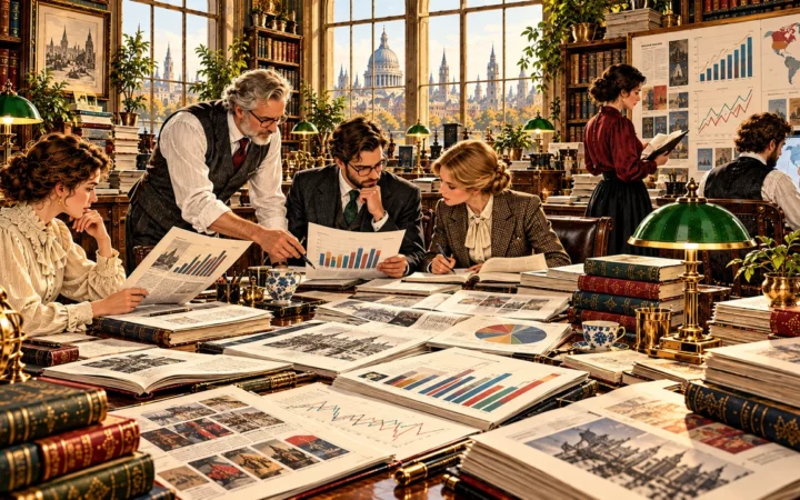Editorial illustration of a publishing team studying market reports, sales charts, international data and book performance.