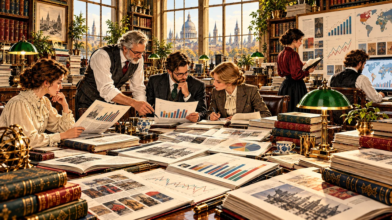 Editorial illustration of a publishing team studying market reports, sales charts, international data and book performance.