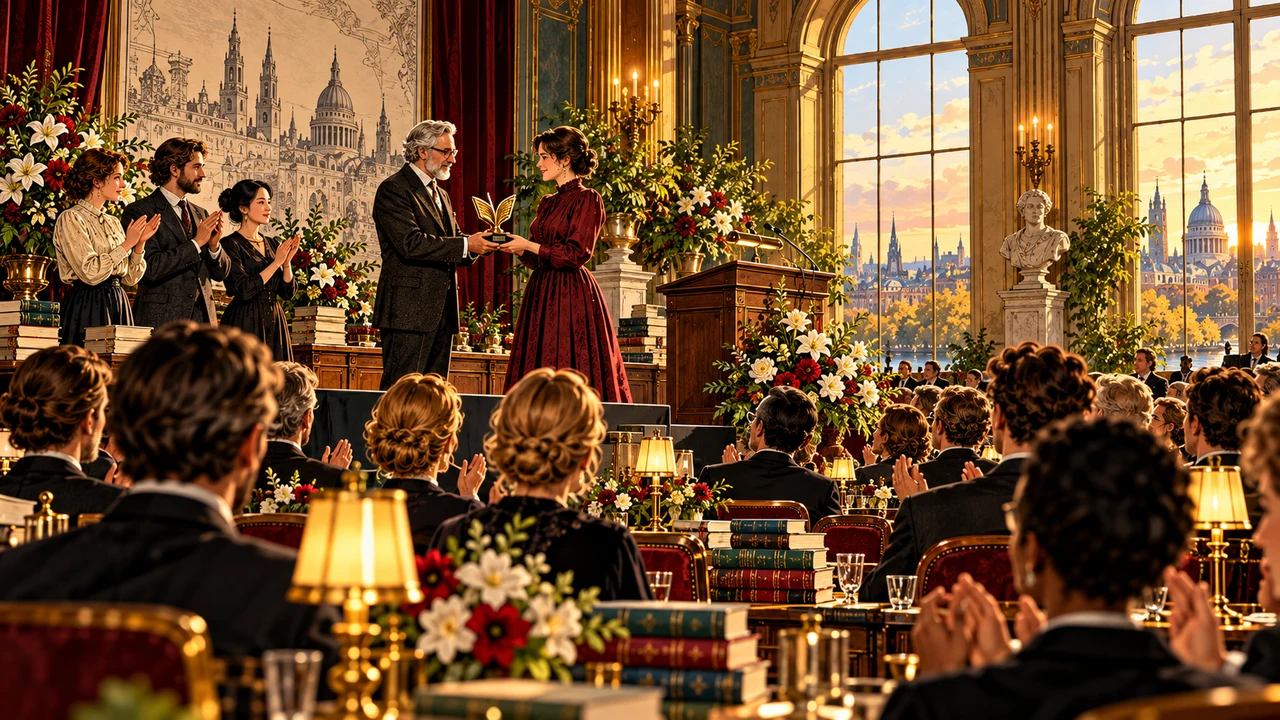 Editorial illustration of a formal literary prize or publishing award ceremony before an audience.